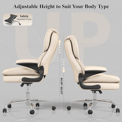 Office Desk Chair, Executive Leather Office Chair, High Back Ergonomic Home Desk Chair with Padded Flip-up Arms, Big and Tall Computer Chair with Rocking Function, 360°Swivel Free, Beige