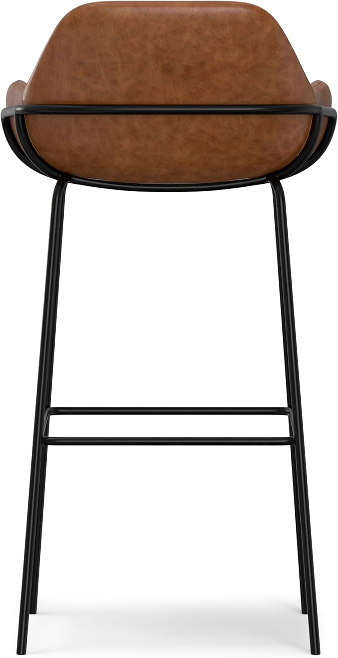SIMPLIHOME Mira Bar Stools (Set of 2) - 30 inch Seat Height Upholstered Metal Bar Chairs in Distressed Tan Vegan Faux Leather, Contemporary Seating for Kitchen with Curved Cushioned Seat and Armrests
