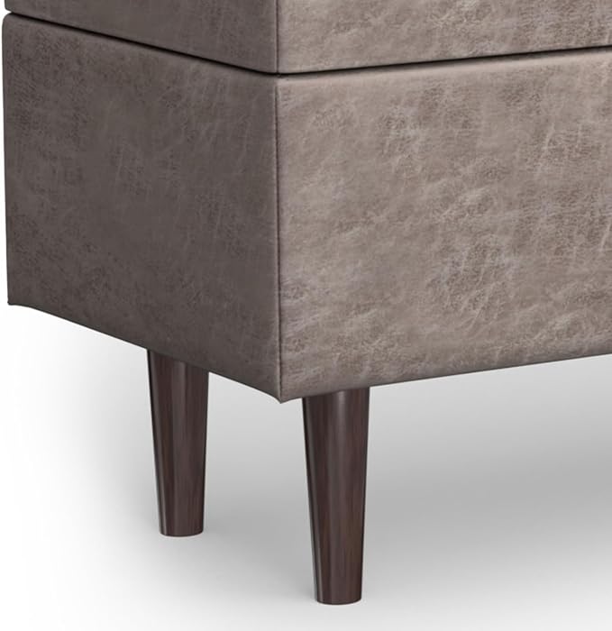 SIMPLIHOME Shay 48 inch Wide Mid Century Modern Rectangular Storage Ottoman in Distressed Grey Taupe Vegan Faux Leather, Assembled, for The Living Room, Entryway and Family Room