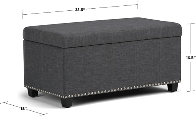 SIMPLIHOME Amelia 33 inch Wide Transitional Rectangle Storage Ottoman Bench in Slate Grey Linen Look Fabric, Assembled, For the Living Room, Entryway and Family Room