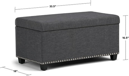 SIMPLIHOME Amelia 33 inch Wide Transitional Rectangle Storage Ottoman Bench in Slate Grey Linen Look Fabric, Assembled, For the Living Room, Entryway and Family Room
