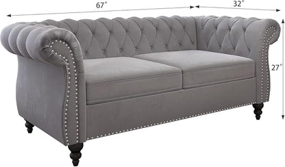 Chesterfield Loveseat Sofa, Modern Velvet Small Sofa Couch 2 Seater with Rolled Arms and Nailhead, Mid Century Modern Loveseat Couch for Small Spaces Living Room Bedroom Apartment, Grey