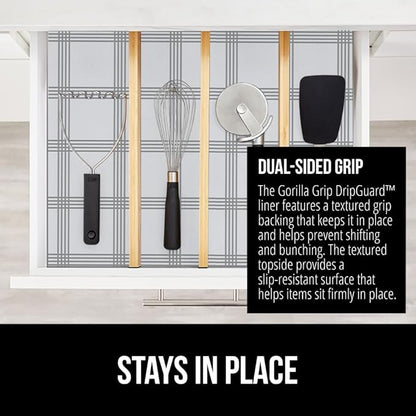 GORILLA GRIP DripGuard Shelf Liner, Non Adhesive Drawer and Kitchen Cabinet Protector, Slip Resistant BPA Free Smooth Surface Plastic Liners for Cabinets, Bathrooms, Closets, 17.5x240 Inch Gray Stripe