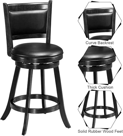 COSTWAY Bar Stools Set of 2, 360 Degree Swivel, Accent Wooden Swivel Back Counter Height Bar Stool, Fabric Upholstered Design, PVC Cushioned Seat (2 stools, Black 24'' Height)