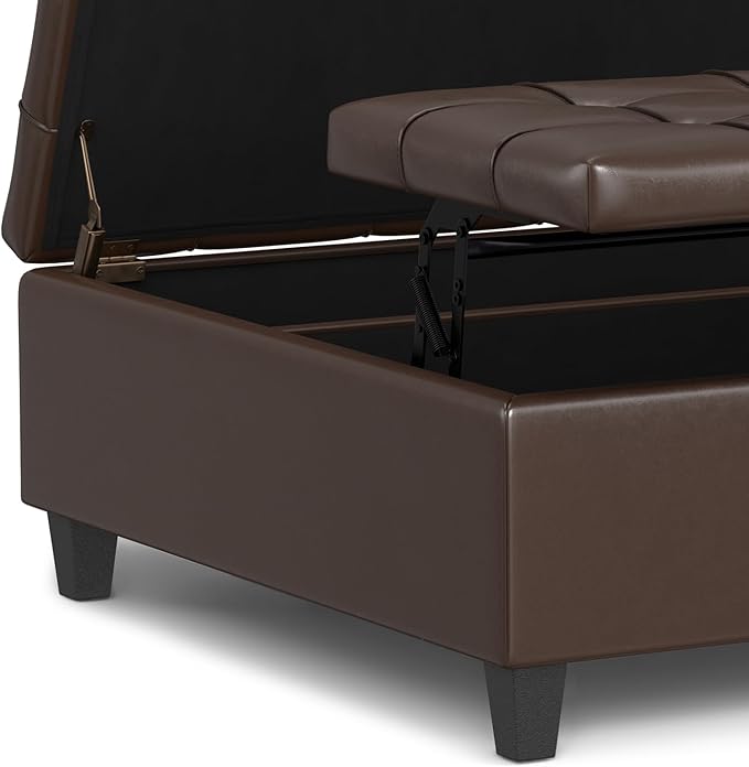 SIMPLIHOME Harrison 40 inch Wide Transitional Square Large Coffee Table Storage Ottoman in Chocolate Brown Vegan Faux Leather, Assembled, for The Living Room and Bedroom
