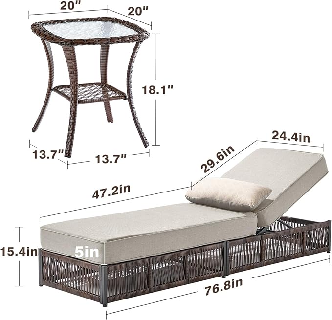 Luxury Outdoor Chaise Lounge Chairs of 4 with 5 Inch Thick Cushions and Side Table - 6 PCS High Back Brown Wicker Rattan Patio Recliners Lounger Furniture Set for Poolside Sunbathing - Beige