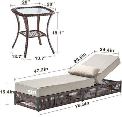 Luxury Outdoor Chaise Lounge Chairs of 4 with 5 Inch Thick Cushions and Side Table - 6 PCS High Back Brown Wicker Rattan Patio Recliners Lounger Furniture Set for Poolside Sunbathing - Beige