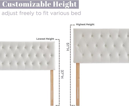Kingfun Tufted Upholstered Queen Size Bed Headboard in Modern Button Design, Adjustable Solid Wood Head Board, Premium Velvet Fabric Padded Headboards in Bedroom (White)