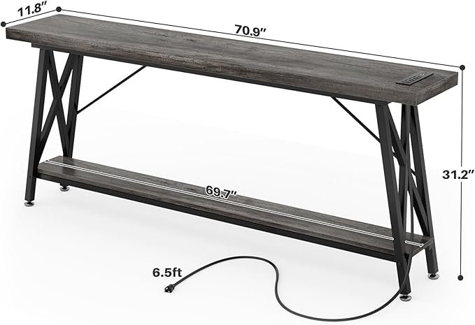 Homieasy 70.9 Inch Extra Long Console Table, Industrial Sofa Table Behind Couch with Charging Station & Storage Shelf, Entryway Table for Living Room & Entryway, Grey Oak