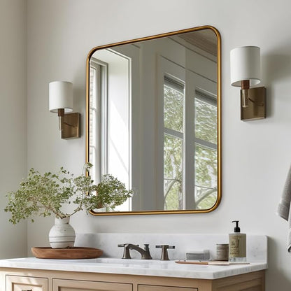 ANDY STAR Brass Mirror, 36x40 Inch Gold Rectangle Mirror for Bathroom with Rounded Corner, Brushed Brass Vanity Rectangular Mirrors with Tube Metal Frame, Wall Mounted