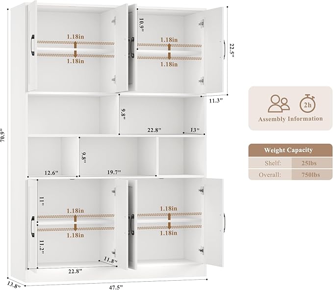 HORSTORS 71" Tall Storage Cabinet, Large Kitchen Cabinet with Deep Shelves and Doors, 47" Freestanding Display Shelf with Storage for Home Office, Living Room, White