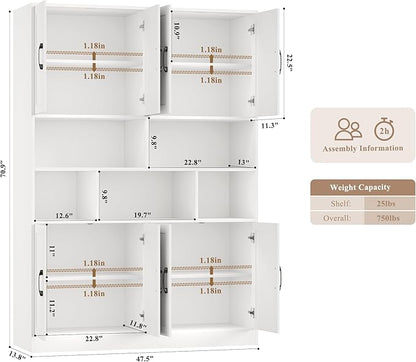 HORSTORS 71" Tall Storage Cabinet, Large Kitchen Cabinet with Deep Shelves and Doors, 47" Freestanding Display Shelf with Storage for Home Office, Living Room, White