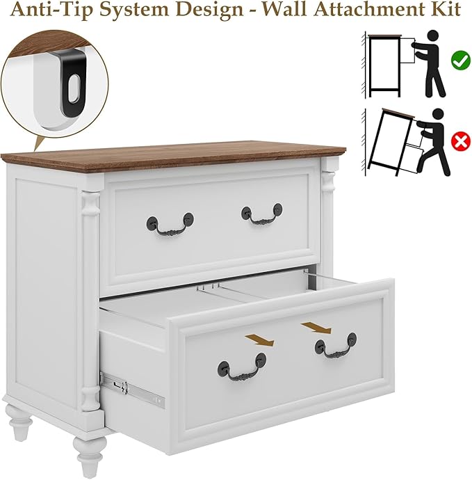 Lateral File Cabinet 2 Drawers Farmhouse File Cabinet Set of 2 for Letter/A4/Legal Size Hanging Files, Large Rustic White Storage Cabinets Printer Stand with 4 Solid Wood Feet &Column Decor for Office