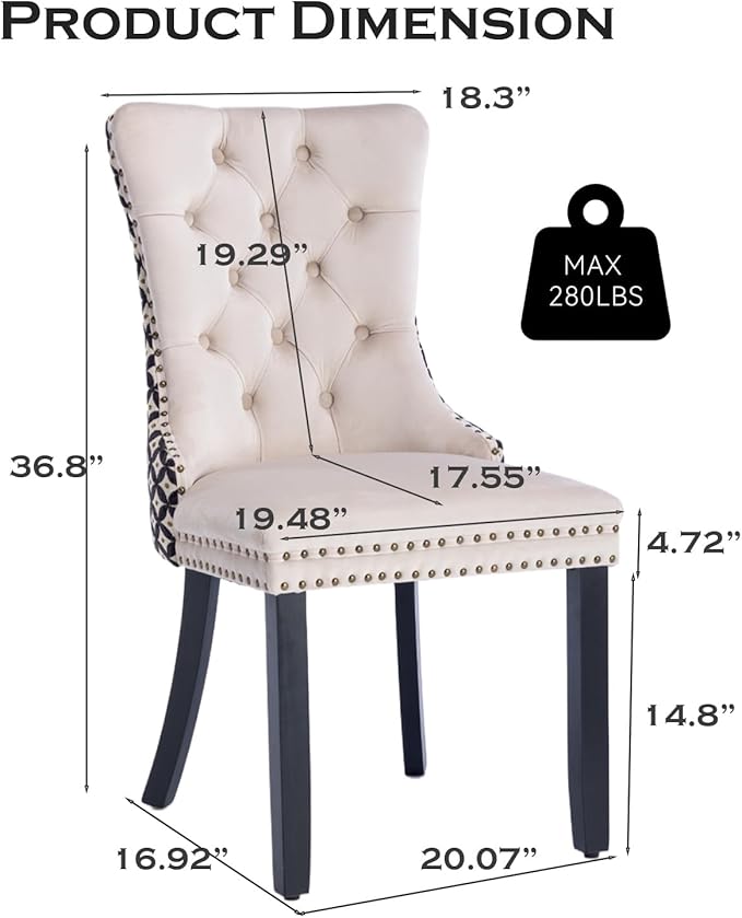 Velvet Upholstered Dining Chairs Set of 4, Modern Style Kitchen Side Chairs with Nailhead Trim and Wood Legs,Metal Pulling Ring for Dining Room Living Room(Quadrangular Star&Beige)