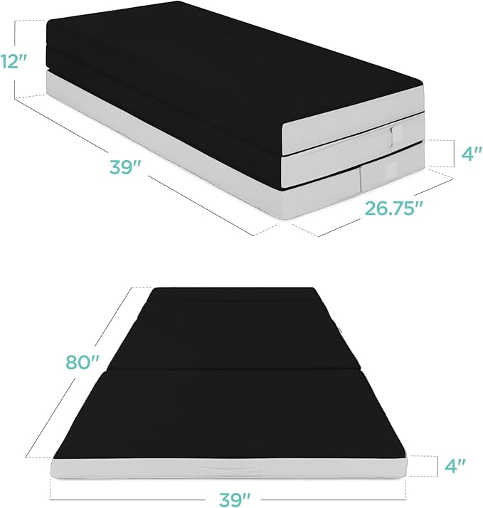 Best Choice Products 4in Portable Twin XL-Size Mattress, Tri-Fold Mattress for Camping, Guest, Toddler, Foam Plush w/Carry Case - Onyx Black