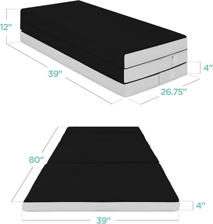 Best Choice Products 4in Portable Twin XL-Size Mattress, Tri-Fold Mattress for Camping, Guest, Toddler, Foam Plush w/Carry Case - Onyx Black
