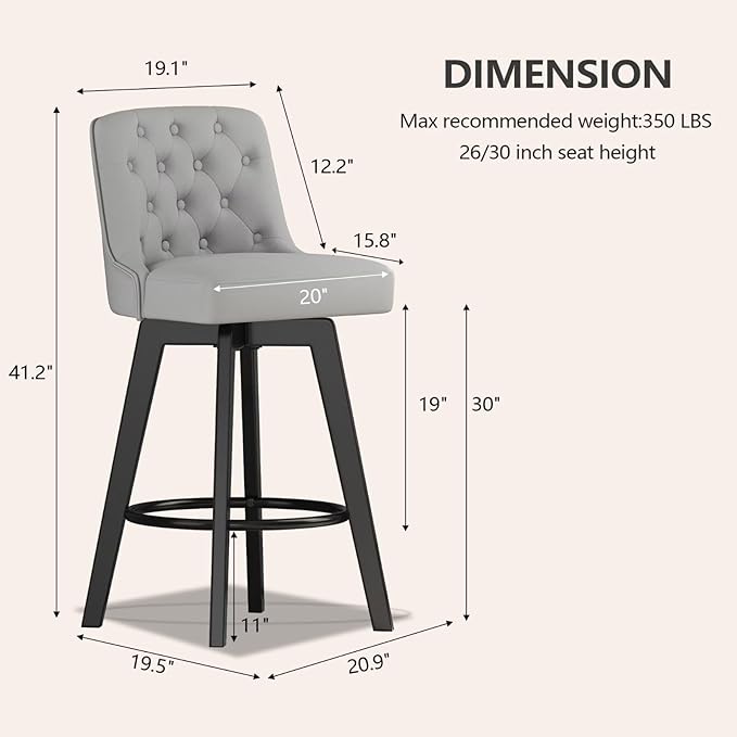MINCETA Bar Stool, PU Leather Barstool, 30 Inch Upholstered Counter Stool with Low Tufted Back and Footrest, Swivel Counter Height Barstool for Kitchen Island Home Bar Light Gray