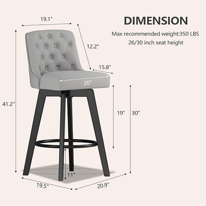 MINCETA Bar Stool, PU Leather Barstool, 30 Inch Upholstered Counter Stool with Low Tufted Back and Footrest, Swivel Counter Height Barstool for Kitchen Island Home Bar Light Gray