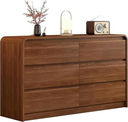 6 Drawer Dresser For Bedroom 55 Inch Wood Chest of Drawers - Curved Anti Collision, Mid Century Dresser For Closet with Natural Texture & Pre-Embedded Slots for TV Stand, Living Room, Nursery