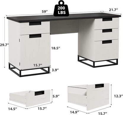 GAOMON Farmhouse Executive Desk, 59 Inch Computer Desk, White Home Office Desks with File Drawer and Storage Cabinet, Wood Writing Desks for Bedroom, Home Office, White+Black