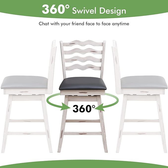 COSTWAY Bar Stools Set of 4, 25” 360° Swivel Counter Height Chairs with Rubber Wood Frame, Cushioned Seat, Ergonomic Backrest & Footrest, Wooden Upholstered Barstools for Kitchen Island (4, 25”)