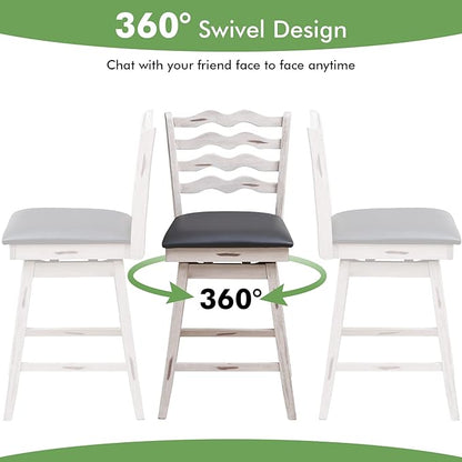 COSTWAY Bar Stools Set of 4, 25” 360° Swivel Counter Height Chairs with Rubber Wood Frame, Cushioned Seat, Ergonomic Backrest & Footrest, Wooden Upholstered Barstools for Kitchen Island (4, 25”)