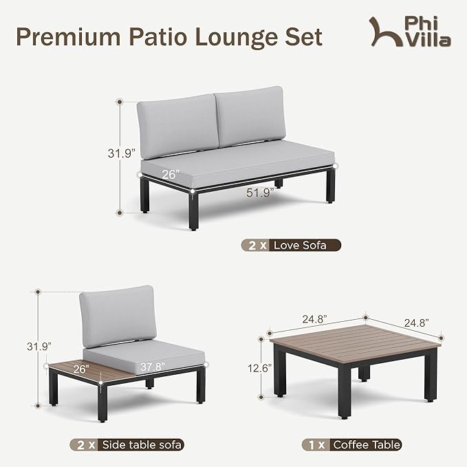 PHI VILLA 5 Pieces Outdoor Patio Furniture Set,Metal Frame Modern Outdoor Sectional Sofa Set,6 Seats Patio Conversation Sets with Coffee Table&Thickened Cushion,for Poolside and Backyard,Light Grey