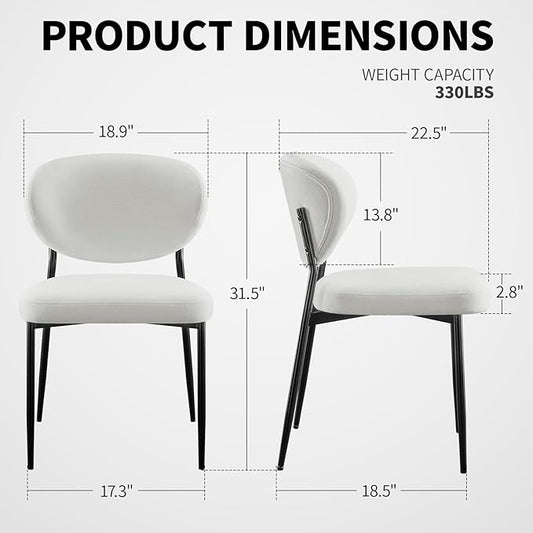 Upholstered Dining Chairs Set of 2 Modern Chenille Dining Room Chairs Wide Cushion with 58D Memory Foam Ergonomic Wingback Kitchen Chairs with Black Metal Leg for Living Room/Bedroom White