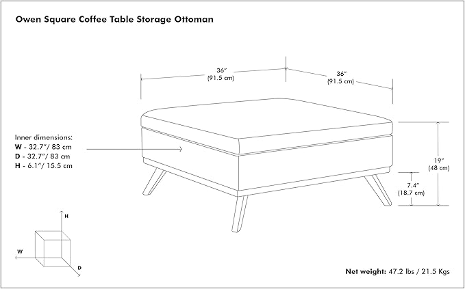 SIMPLIHOME Owen 36 inch Wide Mid Century Modern Square Coffee Table Storage Ottoman in Tanners Brown Vegan Faux Leather, Assembled, for the Living Room, Entryway and Family Room