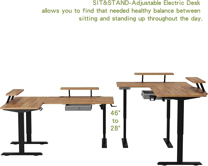Radlove 63-Inch Large Electric Height Adjustable Computer L-Shaped Desk with Memory Controller Corner Standing Desk Modern Workstation with Splice Board Ergonomic Desk (Black Frame + Rustic Brown Top)