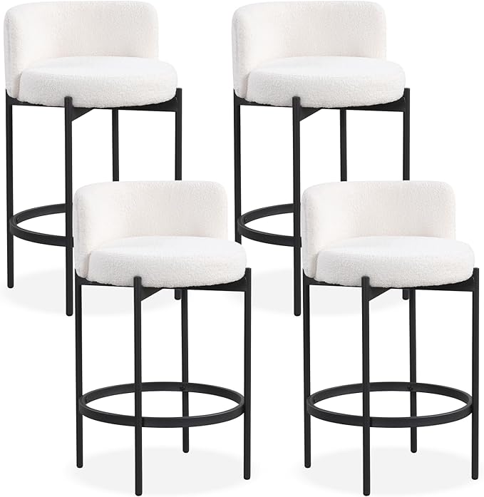 COSTWAY Counter Height Bar Stools Set of 4, 24.5 Inch Boucle Modern Barstools w/Curved Backrest, Metal Frame, Comfy Footrest, Upholstered Island Chairs for Dining Room, Kitchen, Cafe, 400 LBS Max Load