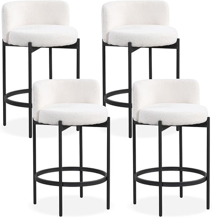 COSTWAY Counter Height Bar Stools Set of 4, 24.5 Inch Boucle Modern Barstools w/Curved Backrest, Metal Frame, Comfy Footrest, Upholstered Island Chairs for Dining Room, Kitchen, Cafe, 400 LBS Max Load