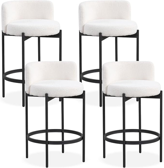 COSTWAY Counter Height Bar Stools Set of 4, 24.5 Inch Boucle Modern Barstools w/Curved Backrest, Metal Frame, Comfy Footrest, Upholstered Island Chairs for Dining Room, Kitchen, Cafe, 400 LBS Max Load