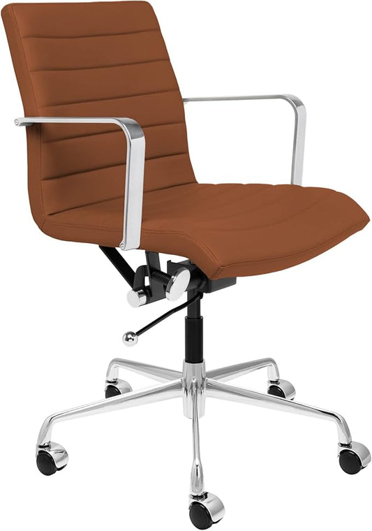 Laura Davidson Furniture SOHO II Ribbed Office Chair - Mid Back Desk Chair, Ergonomically Designed with Arm Rest & Swivel, Made of Faux Leather, Brown, Computer Chair