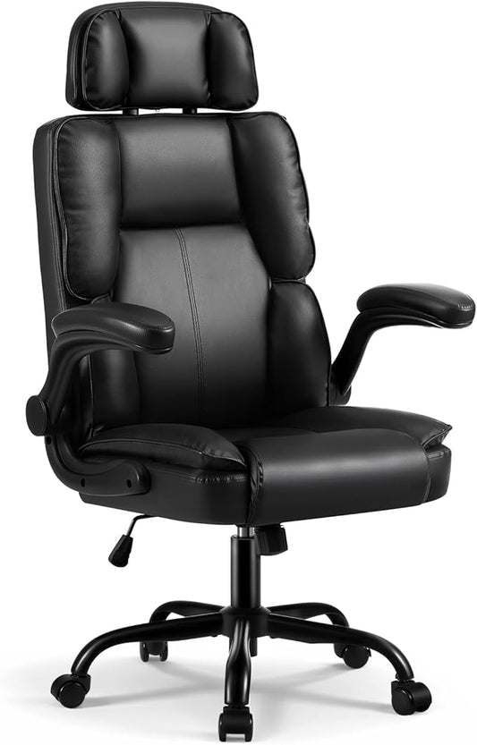 Comfortable Office Chair,Executive Leather Computer Chair with Lumbar Support,Adjustable Height & Armrests,Black