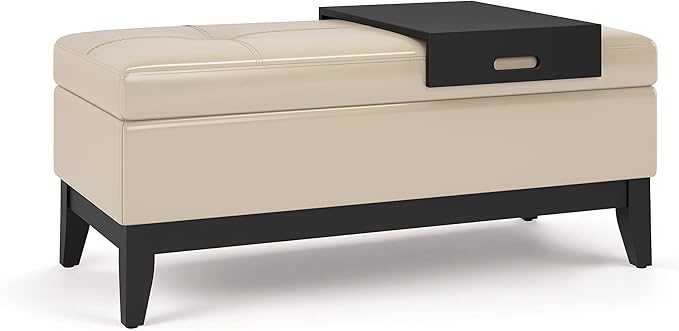 SIMPLIHOME Oregon 42 inch Wide Transitional Rectangle Storage Ottoman Bench with Tray in Satin Cream Vegan Faux Leather, Assembled, For the Living Room, Entryway and Family Room