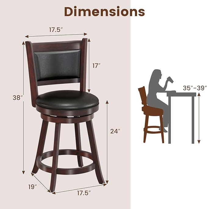 COSTWAY Bar Stools Set of 4, 360 Degree Swivel, 24" Accent Wooden Swivel Seat Counter Height Bar Stool, Leather Upholstered Design, PVC Cushioned Seat, Perfect for Dining and Living Room (Height 24")
