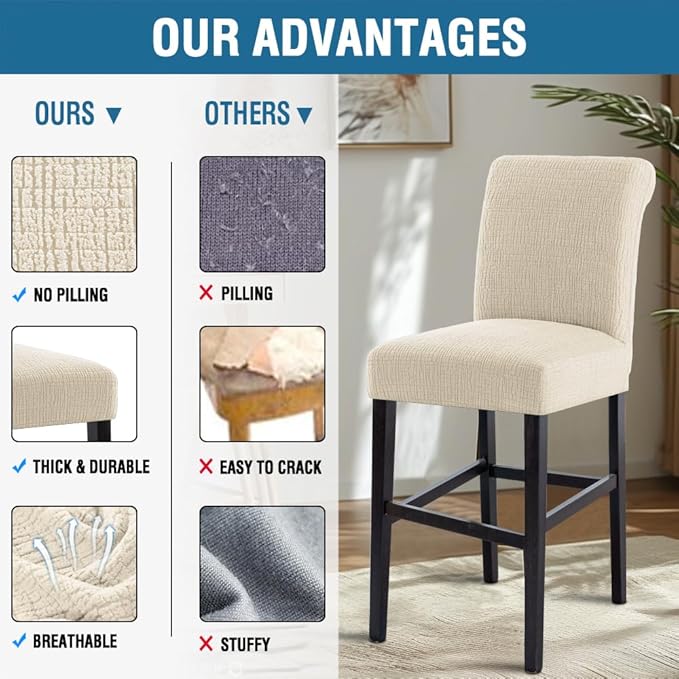 H.VERSAILTEX 100% Waterproof Bar Stool Covers Rectangular Pub Counter Stool Chair Covers Washable Counter Height Stool Seat Covers Jacquard Crizzle Pattern Removable High Chair Cover Set of 4, Ivory