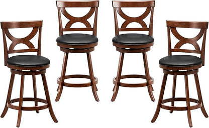 COSTWAY Bar Stools Set of 4, 360-Degree Swivel Chairs with Soft Cushion & Elegant Hollow Backrest, Rubber Wood Footrests, Upholstered Swivel Counter Stools for Kitchen Island, Pub, Café (4, 24‘’)