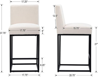 27" Height Bar Stools Set of 4 Counter Height Stools with Back and Footrest for Kitchen Modern Metal Barstools, Linen Upholstered Farmhouse Bar Chairs Island Stools, Cream