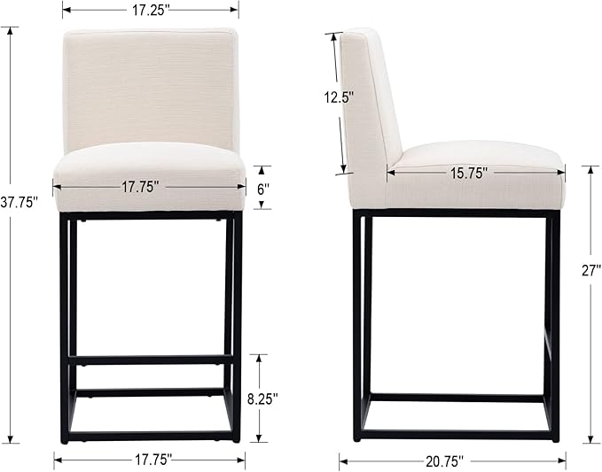 27" Counter Height Bar Stools Set of 3 with Back and Footrest for Kitchen Modern Metal Barstools, Linen Upholstered Bar Chairs Island Stools, Beige