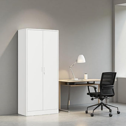 BESFUR Metal Storage Cabinet with 5 Adjustable Shelves and 2 Lockable Doors, 71" White Garage Metal Cabinet, Locking Cabinet for Office, School, Garage