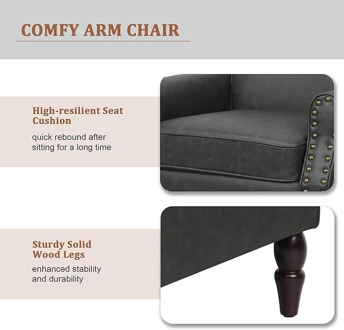 Accent Chair, Mid Century Modern Faux Leather Arm Chair with Wood Leg for Living Room, Bedroom, Comfy PU Leather Club Reading Chairs with Wingback & Nailhead Trim (Leather Black Grey, Set of 1)