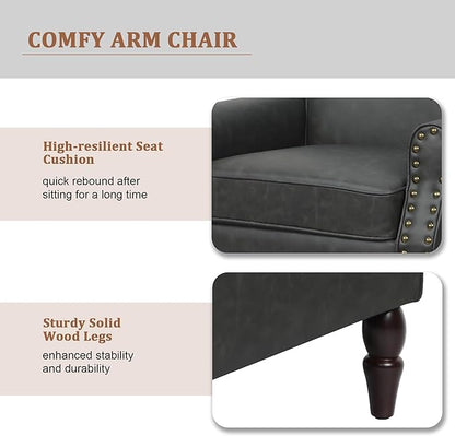 Accent Chair, Mid Century Modern Faux Leather Arm Chair with Wood Leg for Living Room, Bedroom, Comfy PU Leather Club Reading Chairs with Wingback & Nailhead Trim (Leather Black Grey, Set of 1)