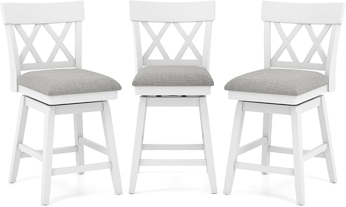 COSTWAY Bar Stool Set of 3 for Kitchen Island, 26" Counter Height Chair with Ergonomic Backrest, Foot Rest, Padded Seat & Solid Wood Structure, 360°Swivel Farmhouse Barstool with Back