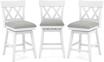 COSTWAY Bar Stool Set of 3 for Kitchen Island, 26" Counter Height Chair with Ergonomic Backrest, Foot Rest, Padded Seat & Solid Wood Structure, 360°Swivel Farmhouse Barstool with Back