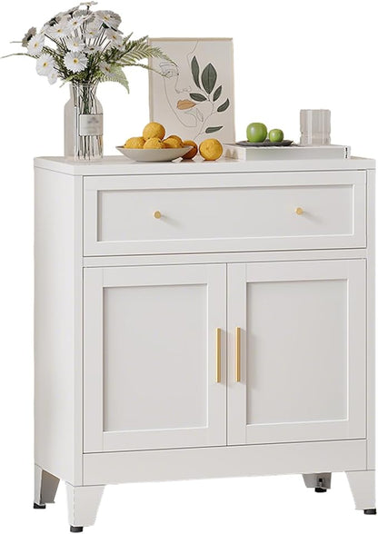 Metal Sideboard Cabinet, Buffet Storage Cabinet, Coffee Bar with Big Drawer and Adjustable Shelf for Kitchen, Dining Room, Living Room (White, 35.4" H-Sideboard)