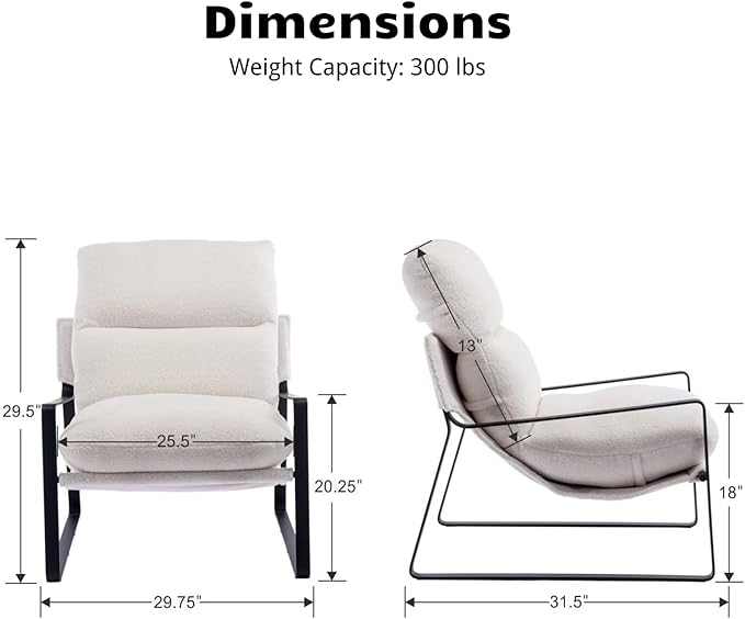 HEAH-YO Modern Accent Chair Set of 1, Upholstered Sherpa Living Room Chair with Backrest and Metal Frame, Comfy Reading Chair for Bedroom, White