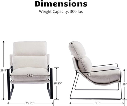 HEAH-YO Modern Accent Chair Set of 2, Upholstered Sherpa Living Room Chair with Backrest and Metal Frame, Comfy Reading Chair for Bedroom, White