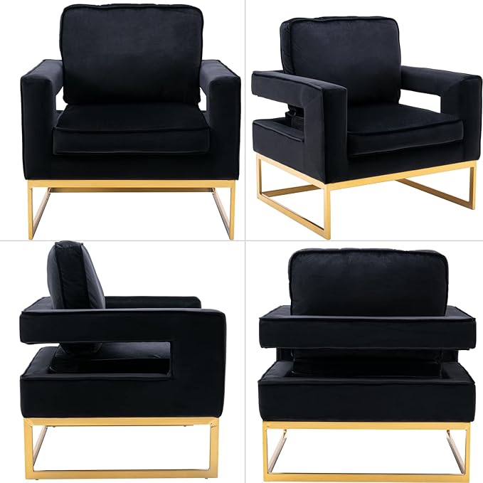 Modern Accent Chair Set of 2, Velvet Upholstered Side Chair with Backrest, Comfy Armchair Side Chair with Golden Metal Base for Living Room Reception Room, Black